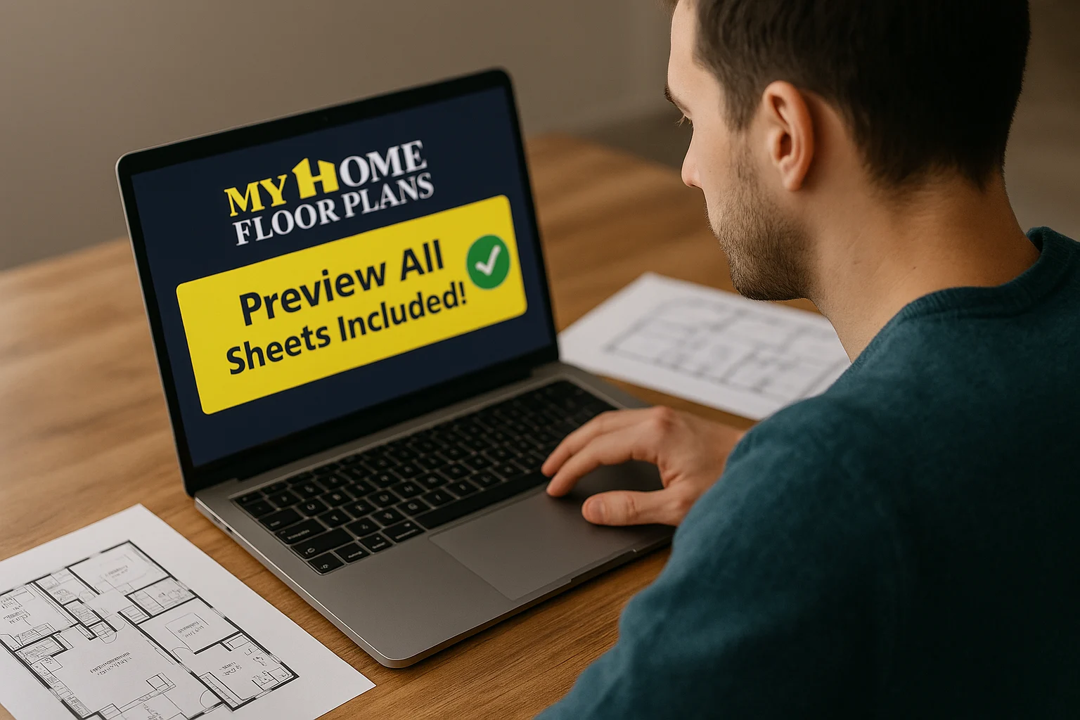 A man browsing MyHomeFloorPlans.com on his laptop at a wooden desk with printed home floor plans beside him, viewing a banner that says “Preview All Sheets Included!” with a green checkmark.