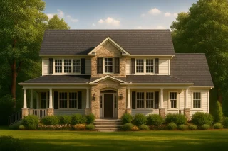 Front elevation of a Traditional Colonial style two-story home with stone façade, horizontal siding, columned porch, and symmetrical windows surrounded by lush landscaping