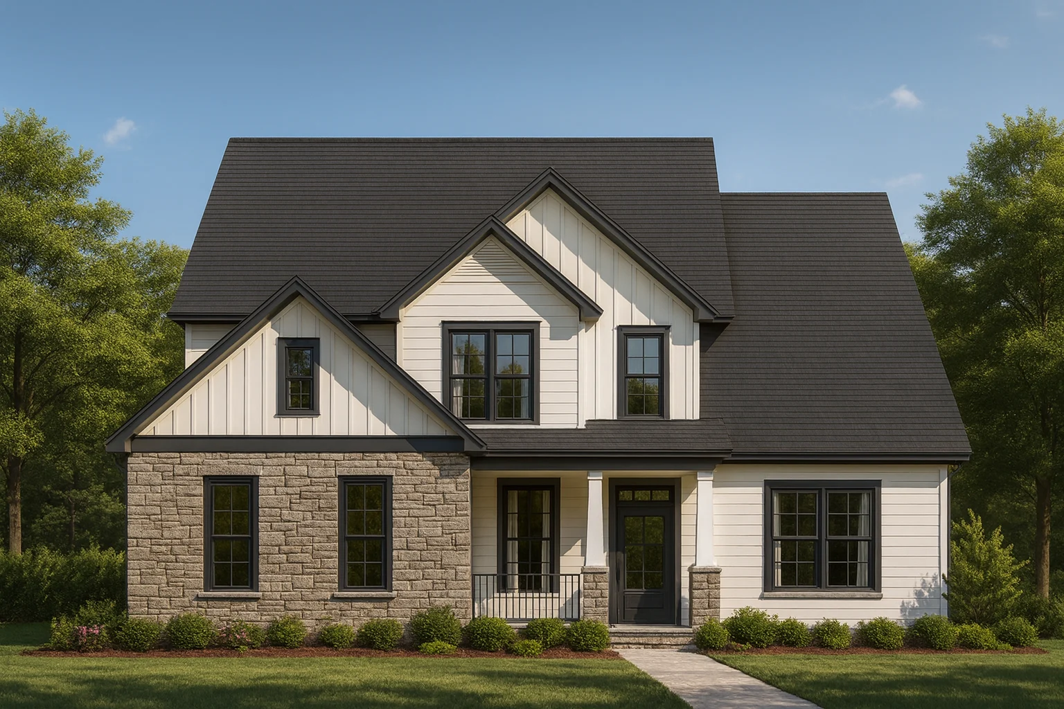 Front elevation of a Modern Farmhouse with board and batten siding, stone base, black trim windows, and a covered front porch entry