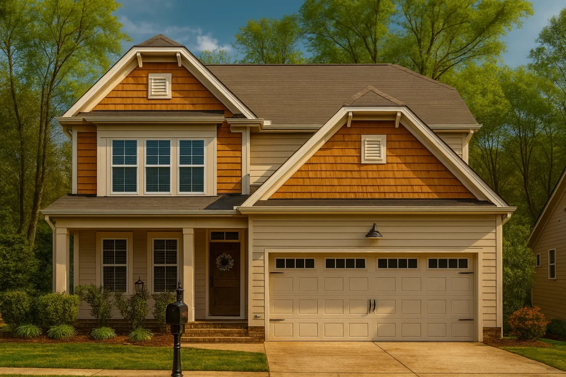 Front elevation of a Traditional Craftsman and New American style home featuring cedar shake accents, horizontal lap siding, and a two-car garage