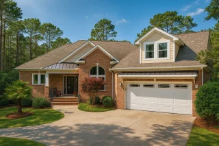 Front view of a Traditional Ranch home featuring brick exterior, gabled rooflines, dormer windows, and an inviting covered entry porch