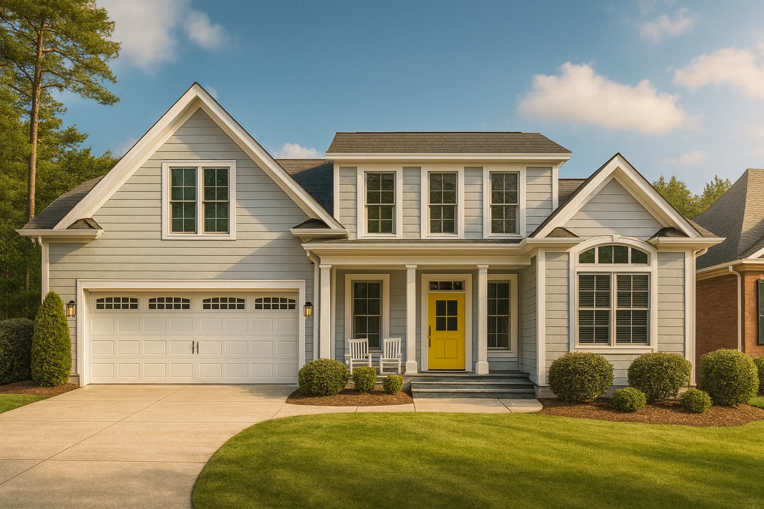 Front view of a Traditional Colonial home with light gray lap siding, symmetrical windows, and a bright yellow front door adding New American charm.