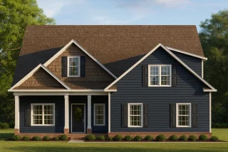 Coastal House Plans 20 Front view of a Traditional Colonial style house with blue horizontal lap siding, shingle gables, white trim, and a brick foundation accent