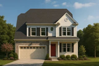 Coastal House Plans 13 Front view of a Traditional Colonial style house featuring a stone-accented first floor, horizontal lap siding, and a welcoming red front door with shutters