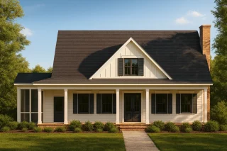 Front view of Modern Farmhouse style home with board and batten siding, brick foundation, and spacious covered porch entry