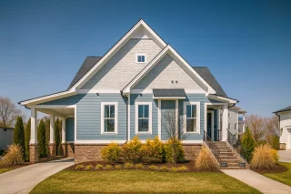 Mansion House Plans 4 Front view of a Modern Farmhouse with Craftsman details featuring blue horizontal siding, board and batten gables, brick foundation, and a welcoming covered porch entry