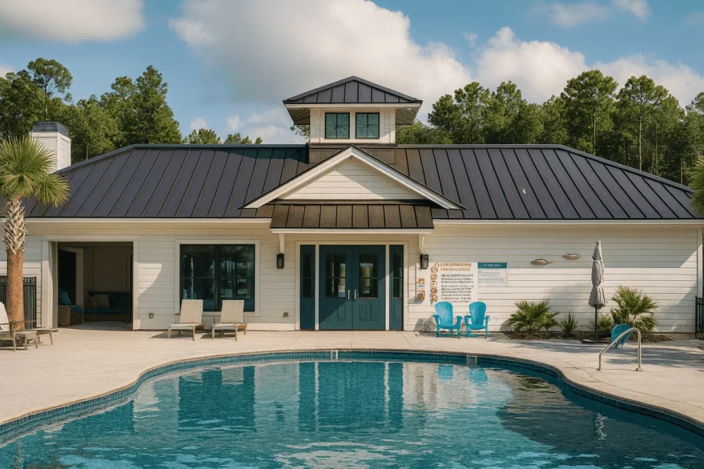 19-2288 CLUBHOUSE & POOLHOUSE PLAN- 1,287 SF Coastal Clubhouse Plan – Covered Porches, Lounge, Outdoor Kitchen