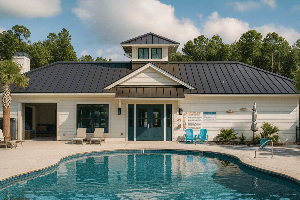 19-2288 CLUBHOUSE & POOLHOUSE PLAN- 1,287 SF Coastal Clubhouse Plan – Covered Porches, Lounge, Outdoor Kitchen