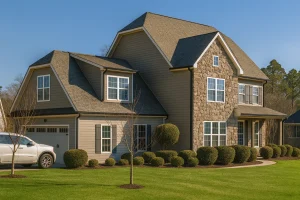 Front view of a Traditional Colonial style home featuring a stone façade, horizontal siding, and gabled rooflines under a clear blue sky