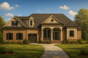Front view of a Traditional French Country style house featuring a brick exterior, arched porch columns, and board and batten gable accents