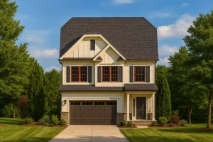 Front elevation of a two-story Traditional Colonial style home featuring board and batten siding, horizontal lap siding, and stone accents around the base with a front-entry garage.