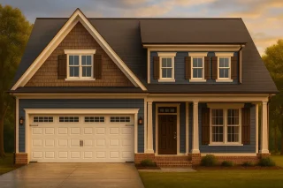Front view of a Traditional Craftsman Colonial style home featuring blue siding, shingle gables, brick accents, and white-trimmed windows for timeless curb appeal