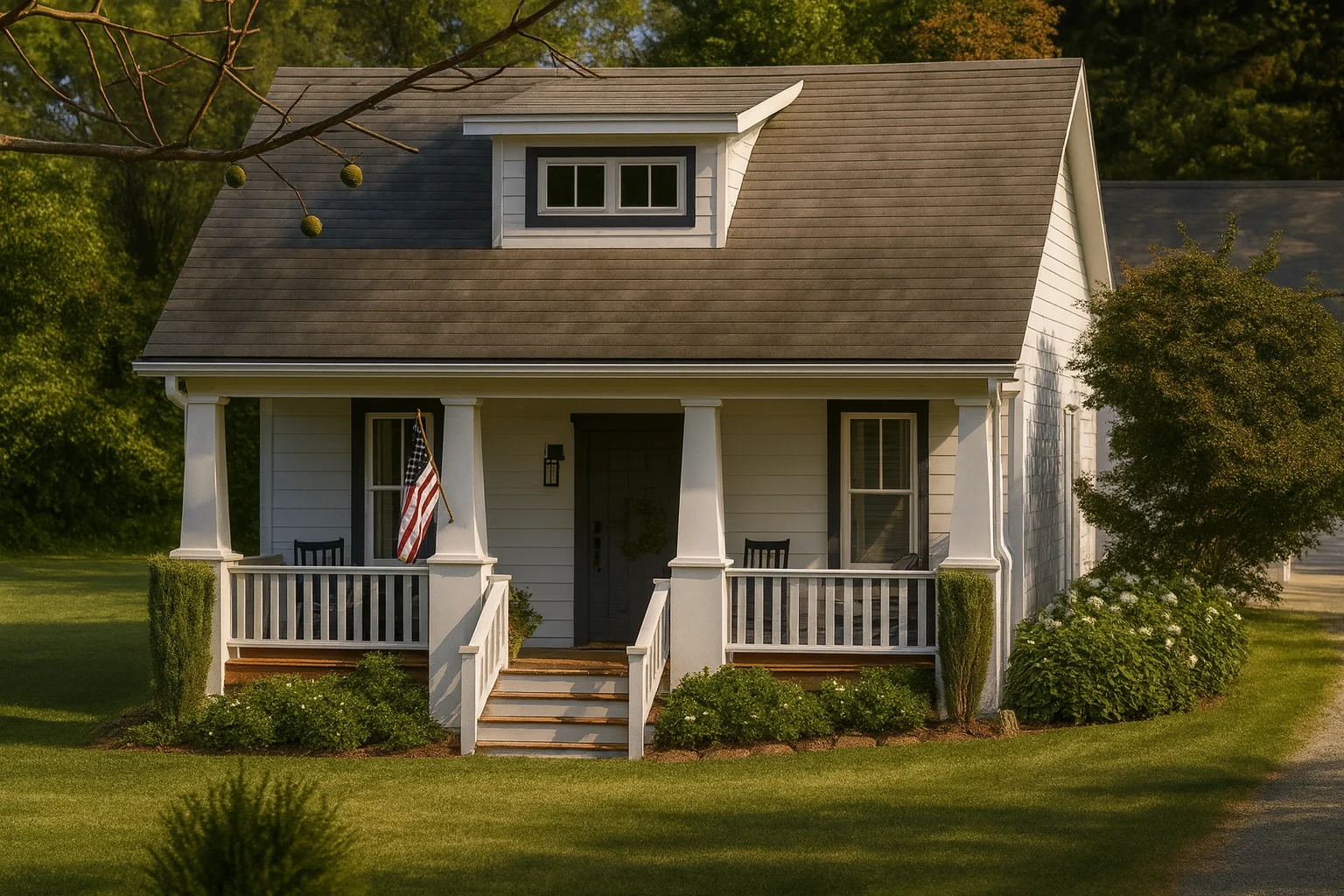 Front view of a cozy American Cottage style home featuring white lap siding, gable roof, front porch, and a single dormer above the entry.