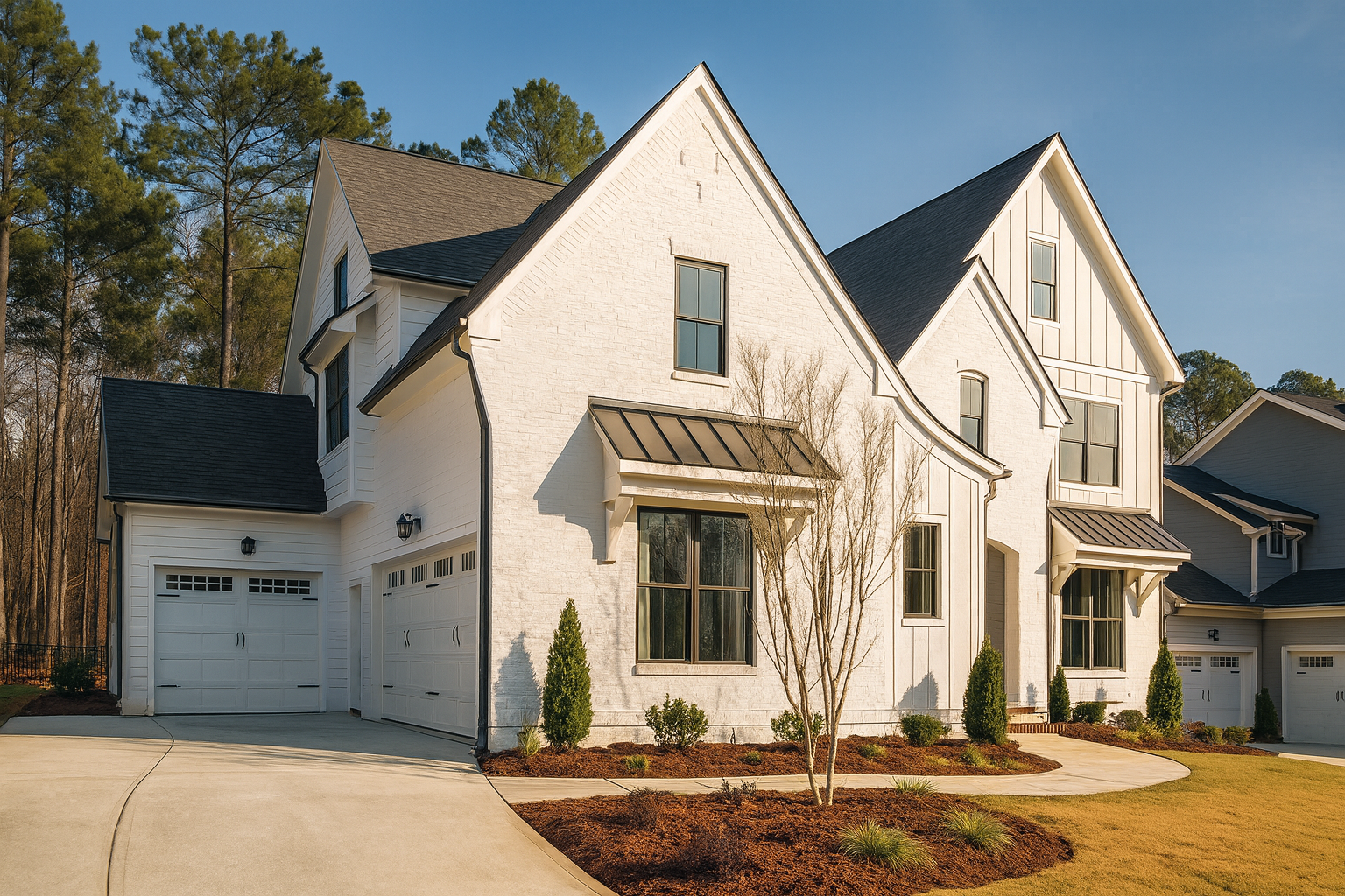 20-1249B HOUSE PLAN - Modern Farmhouse Plan - 4-Bed, 4-Bath, 4,050 SF 6 Modern Farmhouse home with white brick exterior, gable roof, and transitional architectural design