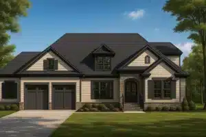 4-bedroom Craftsman style house plan with gable roof, stone accents, and two-car garage
