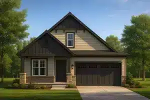 Craftsman house plan featuring board and batten siding, gable rooflines, and stone accents.