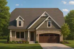 European House Plans 2 Dutch Colonial house plan with gambrel roof, dormers, and stone-accented exterior