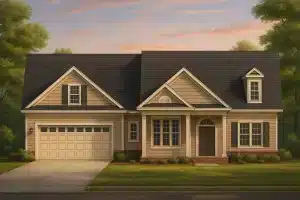 A realistic 3D rendering of a traditional Craftsman-style cottage with a dark gray gable roof, brick and beige siding, white trim, and symmetrical dormers. The home features a double garage on the left, a covered front porch with columns, and multi-pane windows across the façade. Lush green landscaping and mature trees surround the house under a soft, golden 4 p.m. sky.
