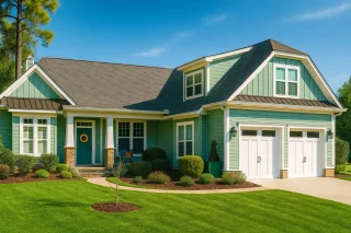 7 Bedroom House Plans 8 Front view of Craftsman Traditional style home featuring green horizontal lap siding, white trim, brick pier bases, and a welcoming covered porch with gabled dormer.