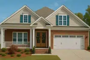 Traditional Craftsman cottage-style brick home with front porch and gable roof design.