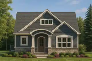 Coastal House Plans 19 Front view of a Cottage Craftsman style home featuring horizontal siding, stone wainscoting, and arched entryway