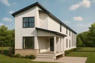 Mansion House Plans 12 Front view of a modern farmhouse style two-story home featuring horizontal siding, black-framed windows, and a covered front porch with stone foundation accent.