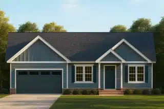 Mansion House Plans 13 Front elevation of a Traditional Ranch Craftsman style home featuring blue horizontal siding, board and batten gables, white trim, and a brick foundation base with a front-entry garage