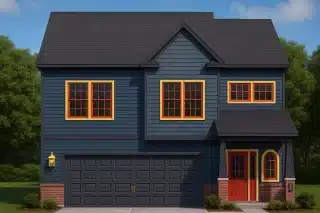 Front view of a New American Traditional Suburban style house featuring blue siding, brick accents, and yellow-trimmed red windows for striking curb appeal