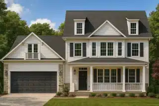 Front elevation of a Neo-Colonial / Traditional Colonial home with horizontal lap siding, stone veneer accents, black shutters, dormers, and a welcoming covered porch