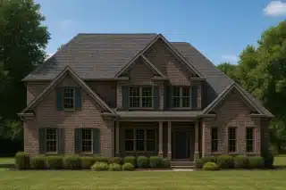 Front view of a Traditional Colonial style house featuring a full brick exterior, symmetrical façade, gabled rooflines, and classic double-hung windows with shutters.