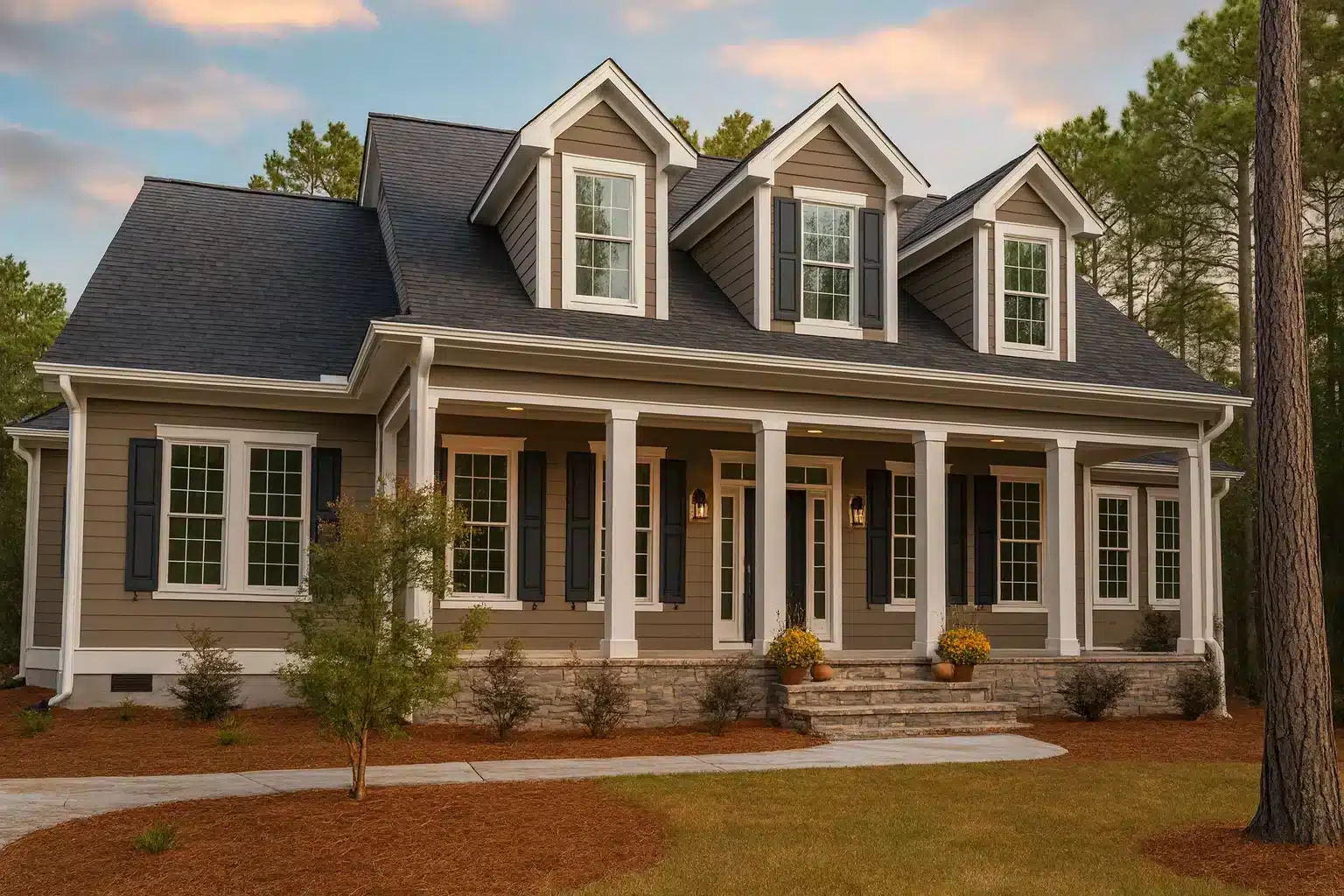 9-1755 HOUSE PLAN -Southern Farmhouse Home Plan - 3-Bed, 2.5-Bath, 3,200 SF 1 Front exterior view of a Southern Farmhouse style home featuring stone foundation, horizontal siding, and a large covered porch with white columns.