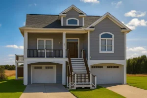 Front view of an elevated coastal beach house with gray lap siding, white trim, and dual garage doors beneath a raised porch entry