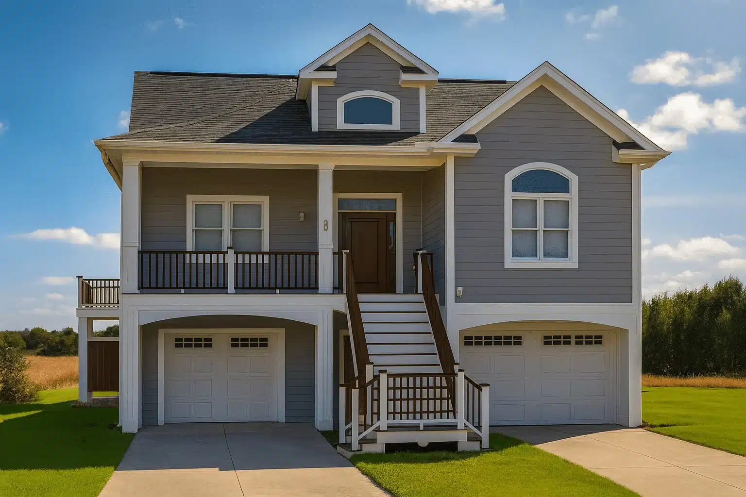 Front view of an elevated coastal beach house with gray lap siding, white trim, and dual garage doors beneath a raised porch entry