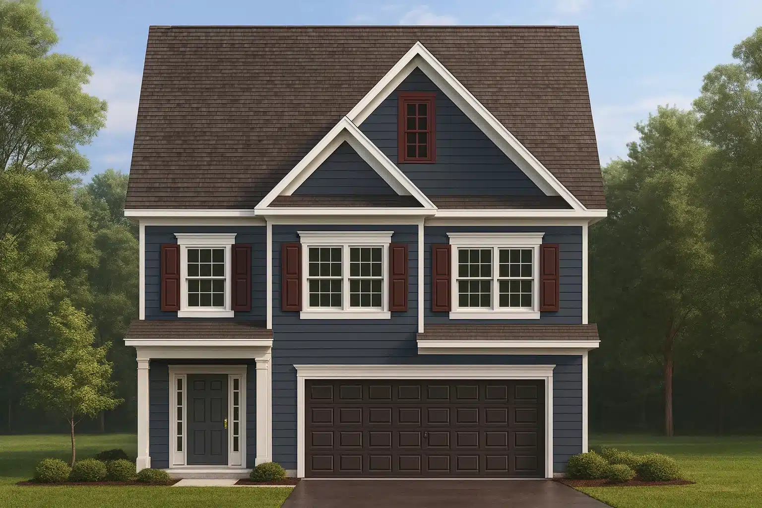 Front elevation of a two-story Traditional Colonial home featuring navy horizontal siding, white trim, brown shutters, and a two-car garage.