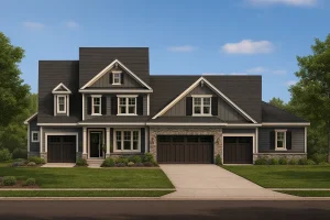 Duplex House Plans 4 Front view of a Modern Farmhouse and Craftsman style home featuring board and batten siding, stone accents, and triple garage design