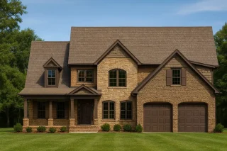 Front view of a Traditional Colonial style two-story home with full brick exterior, gabled rooflines, and arched windows