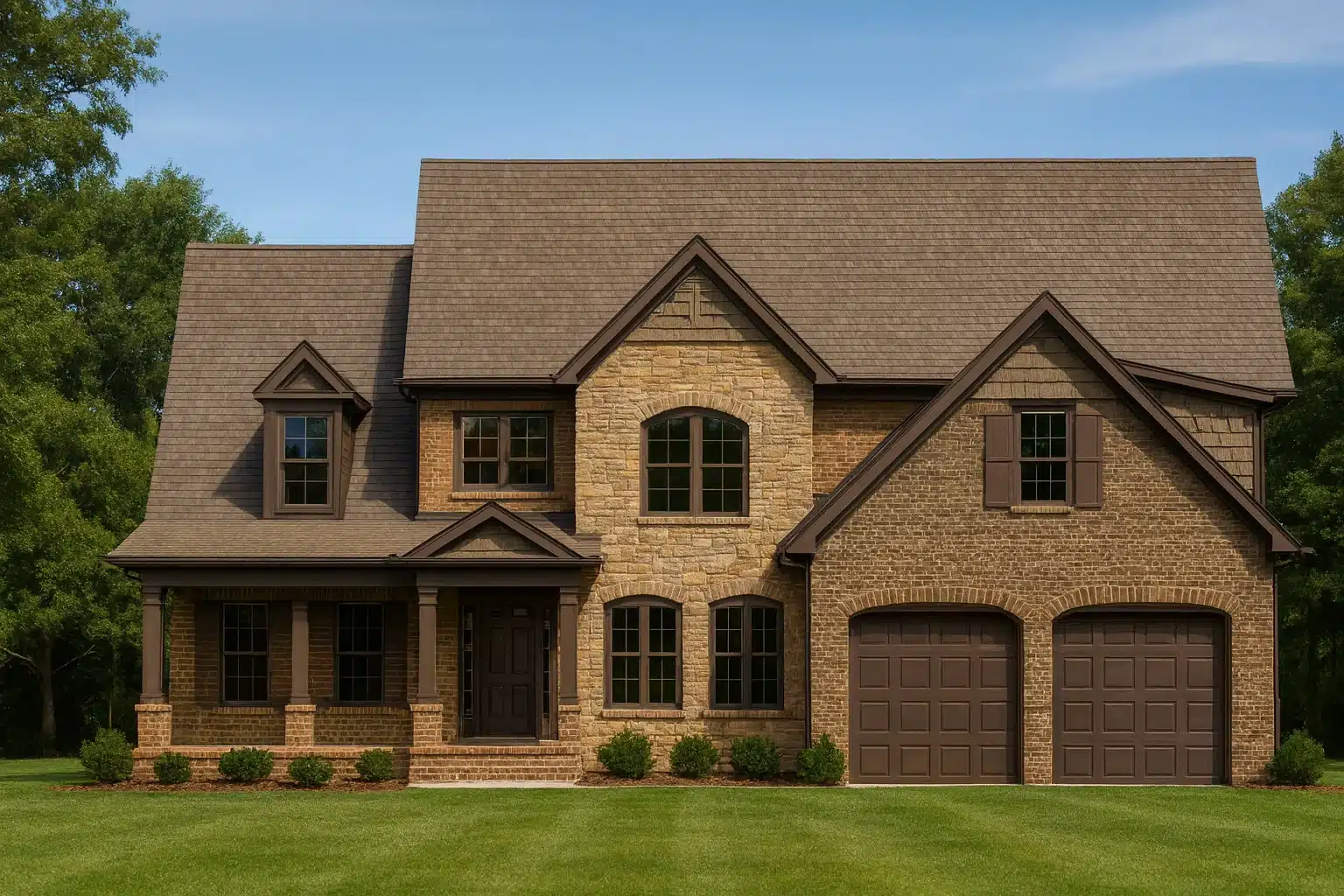 Front view of a Traditional Colonial style two-story home with full brick exterior, gabled rooflines, and arched windows