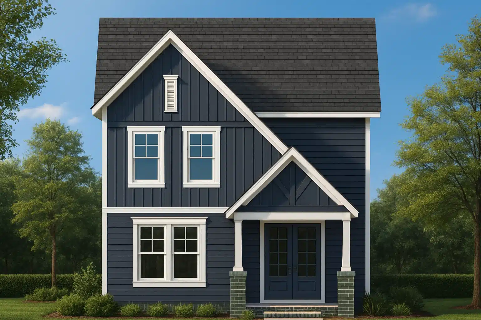 Front elevation of a Modern Traditional farmhouse featuring deep blue board and batten siding, white trim, and a welcoming covered entry