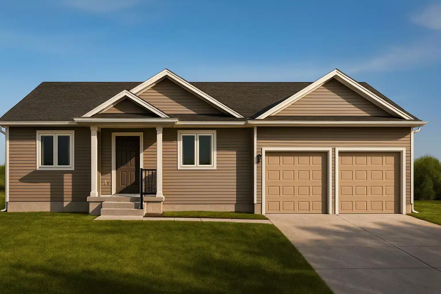 Front view of a Traditional Ranch style home with horizontal vinyl siding, gable rooflines, and attached two-car garage under a clear blue sky