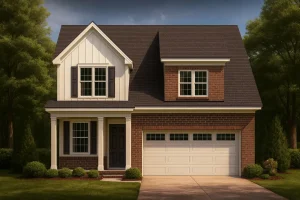 Front view of a Traditional Colonial home featuring a brick exterior with board and batten siding, two stories, and a front-entry two-car garage