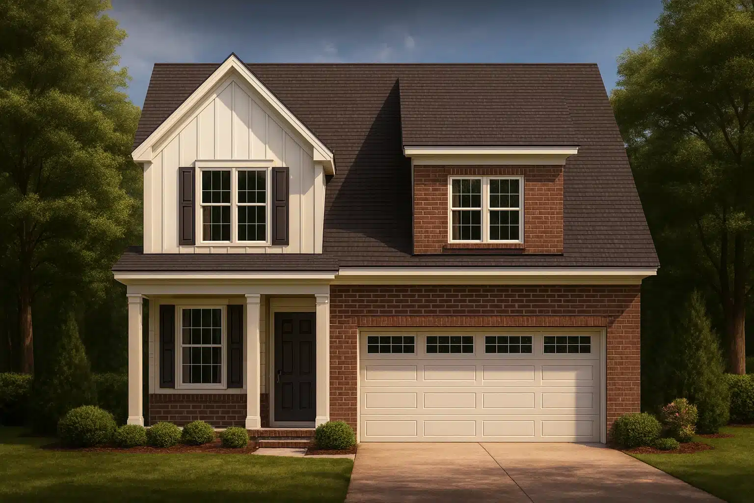 Front view of a Traditional Colonial home featuring a brick exterior with board and batten siding, two stories, and a front-entry two-car garage