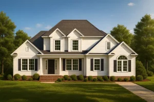 Front view of a Traditional Colonial style two-story home featuring classic white siding, black shutters, and symmetrical architecture with central entry porch.