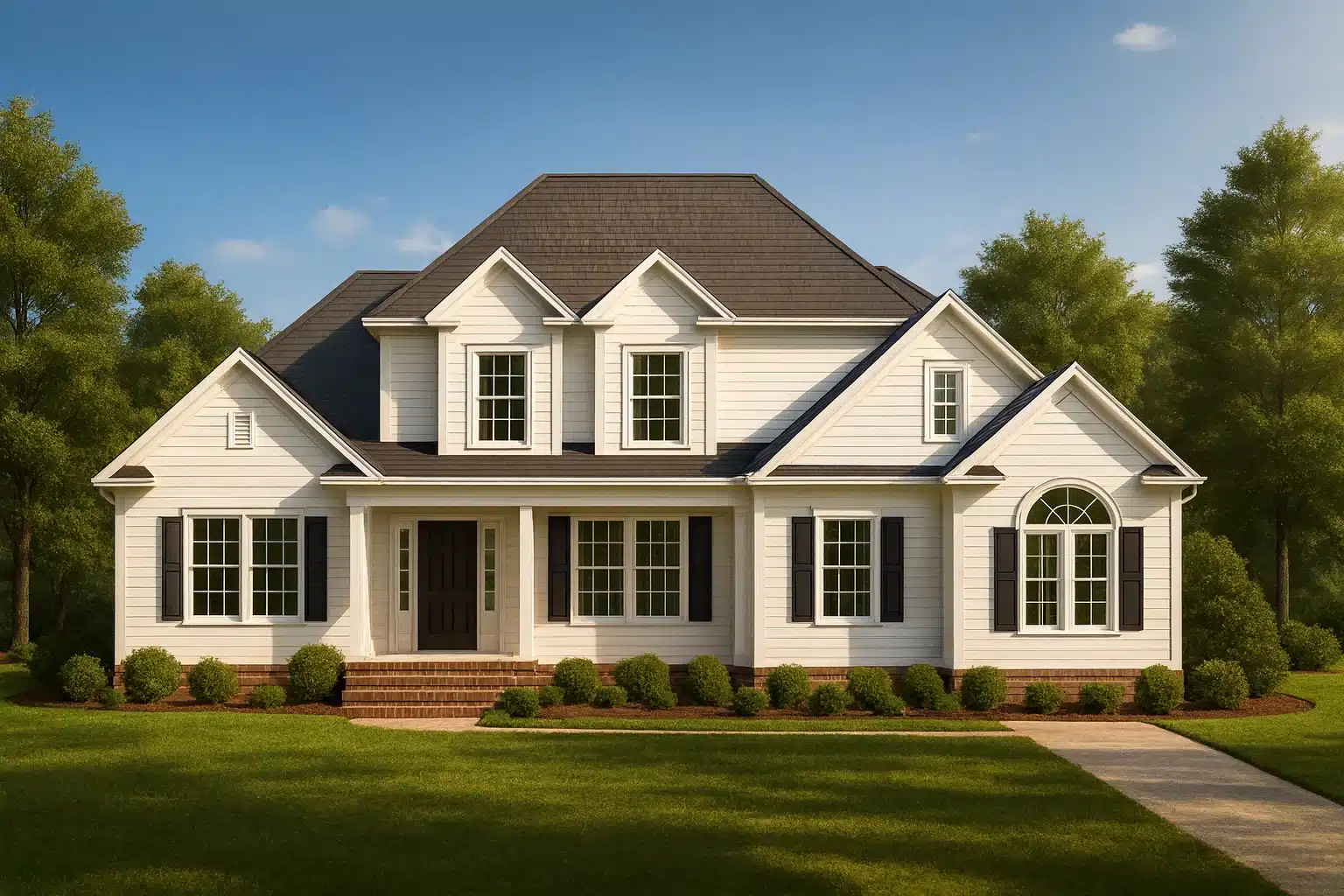 Front view of a Traditional Colonial style two-story home featuring classic white siding, black shutters, and symmetrical architecture with central entry porch.