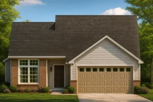 Front view of a Traditional Cape Cod style house featuring a mix of brick and horizontal siding with an attached two-car garage