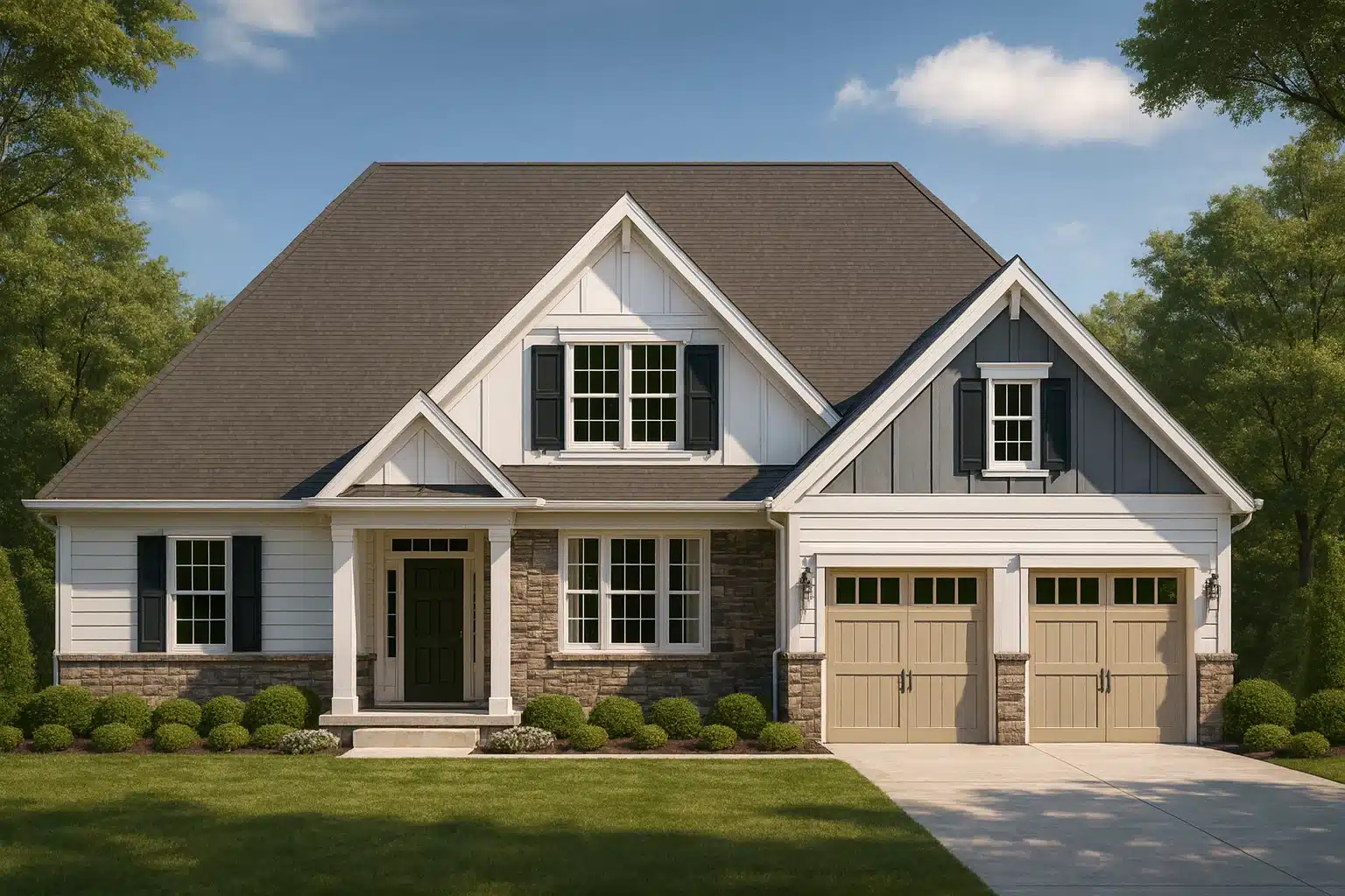 Craftsman-style home plan with stone and board-and-batten exterior
