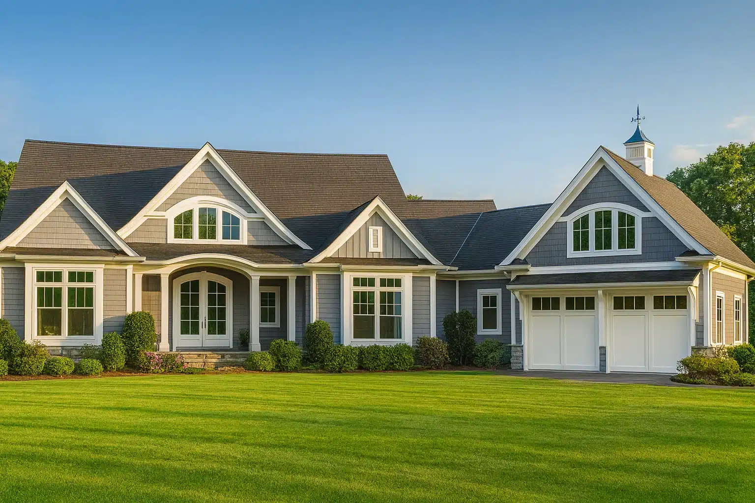 Front elevation of a Shingle Style Coastal home featuring gray shingle siding, white trim, arched porch, gabled rooflines, and a two-car garage