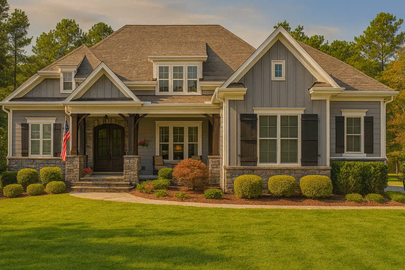 Front view of a Craftsman Modern Farmhouse featuring board and batten siding, stone accents, and dark wood trim under a steep gable roofline