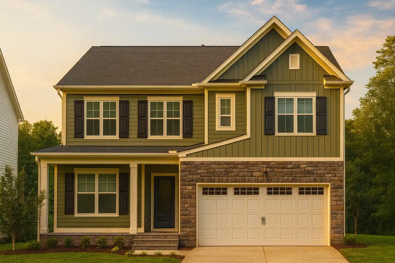 Front elevation of a Traditional Craftsman style two-story home featuring board and batten siding, stone veneer, and a welcoming front porch entry.