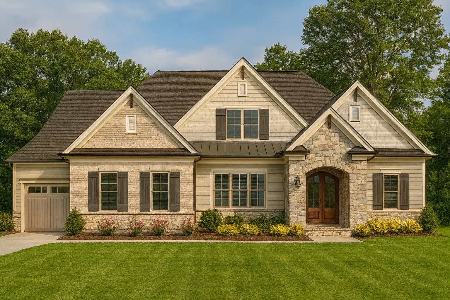 Front view of a Traditional Ranch style home featuring stone, brick, and siding exterior with arched entry, black shutters, and a side-entry garage