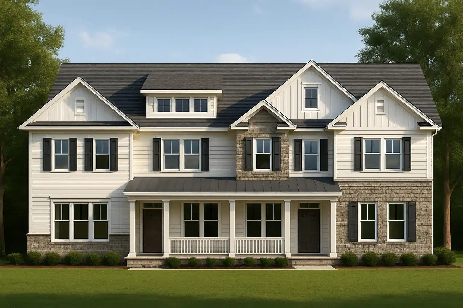 Front view of a Traditional Colonial style home featuring board and batten siding, horizontal lap siding, and stone detailing with a symmetrical two-story façade.
